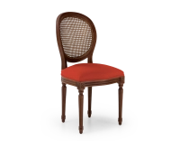 Louis XVI style antique chair dark brown stained wood with cane backrest and burnt orange fabric seat. Louis XVI style antique chair dark brown stained wood with cane backrest and burnt orange fabric seat.