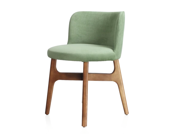 Chaise design bois teinte merisier assise tissu vert