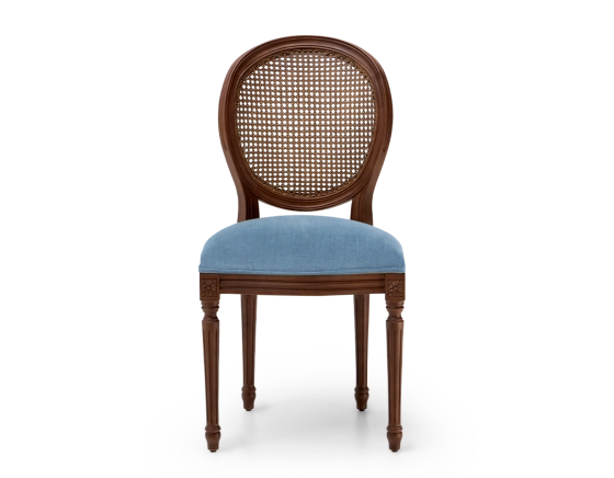Louis XVI style antique chair dark brown stained wood with cane backrest and denim blue fabric seat.