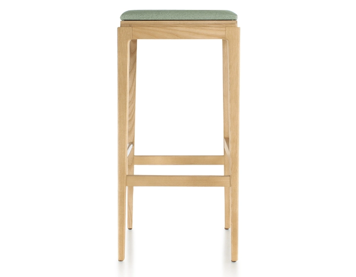 H80 cm designer bar stool natural tint wood, sage green fabric seat H80 cm designer bar stool natural tint wood, sage green fabric seat