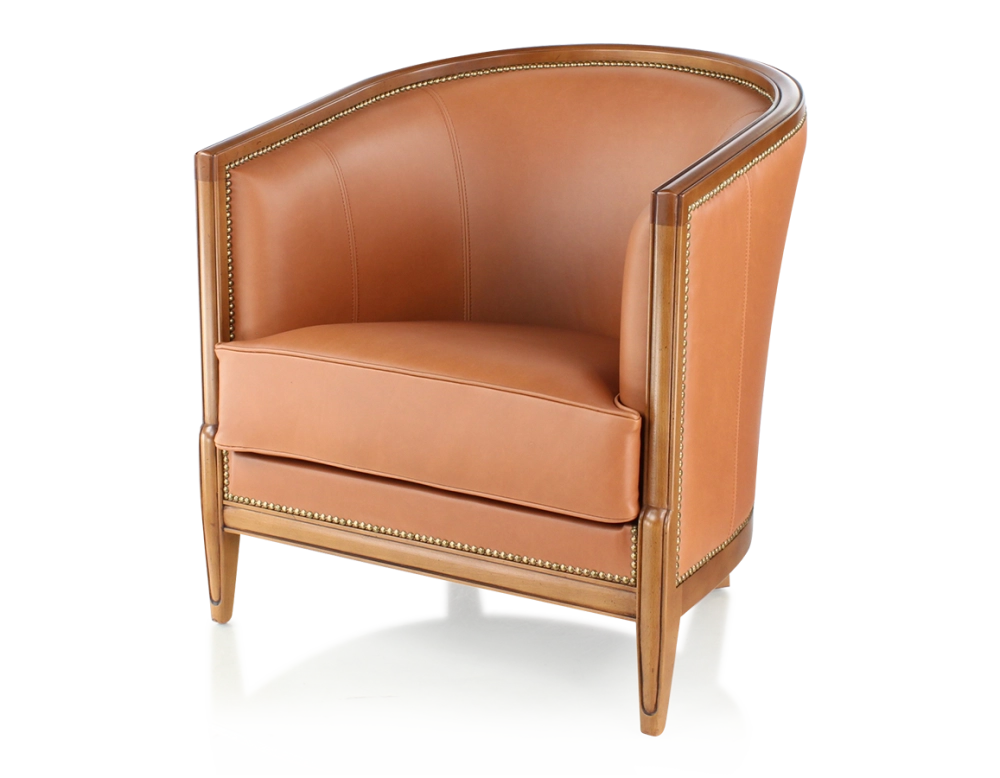Fauteuil ancien accoudoirs moulurés bois teinte ancienne et cuir caramel Fauteuil ancien accoudoirs moulurés bois teinte ancienne et cuir caramel