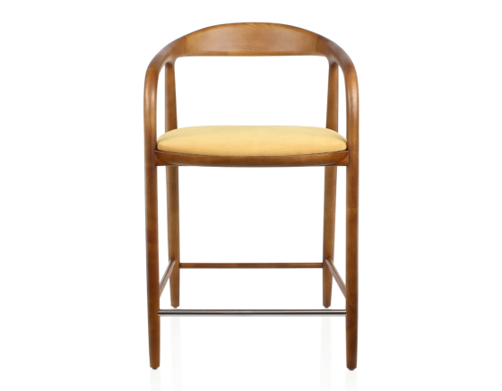 Tabouret de bar H60 cm bois teinte merisier et tissu jaune