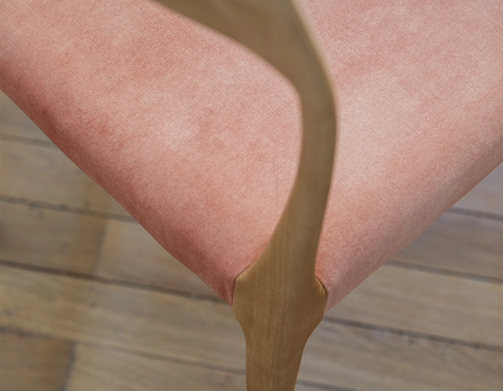 Scandinavian chair wood stained natural seat pale pink velvet fabric Scandinavian chair wood stained natural seat pale pink velvet fabric