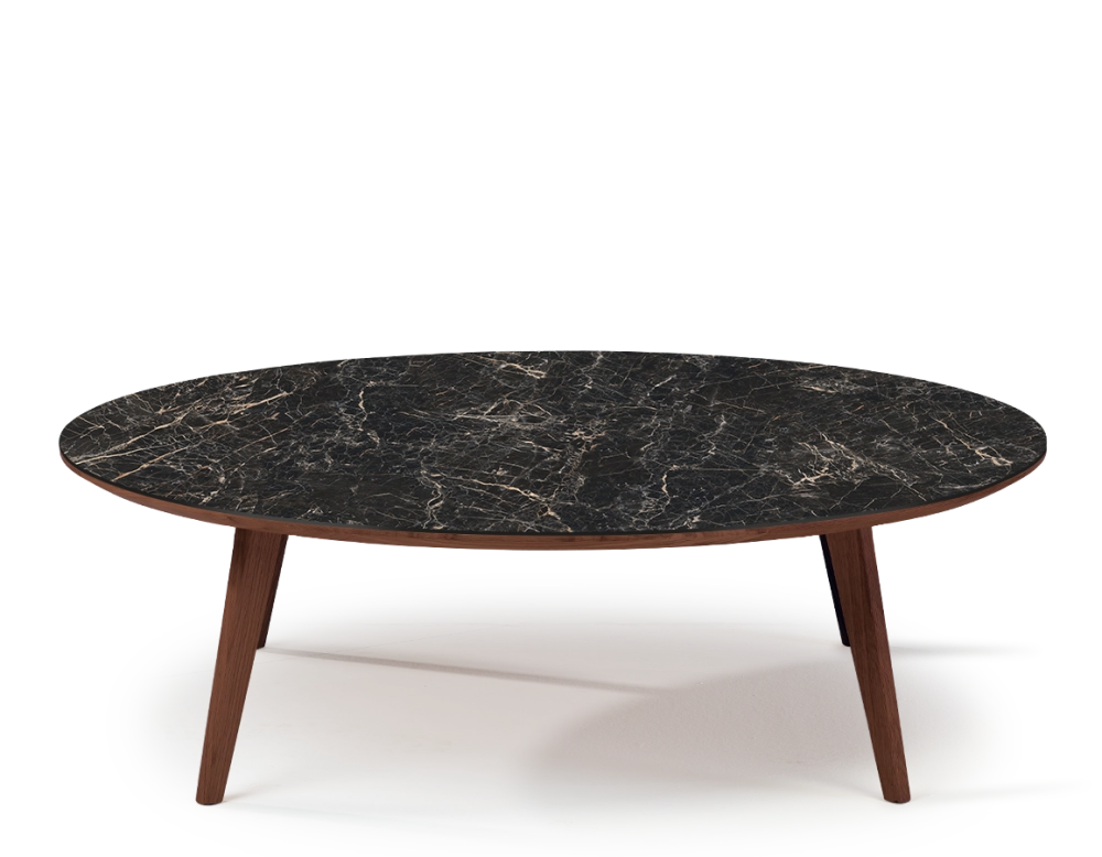 Round coffee table F1 in oak and ceramic dark brown stained wood coffee table with black marble-effect ceramic top. 120x120x40 cm