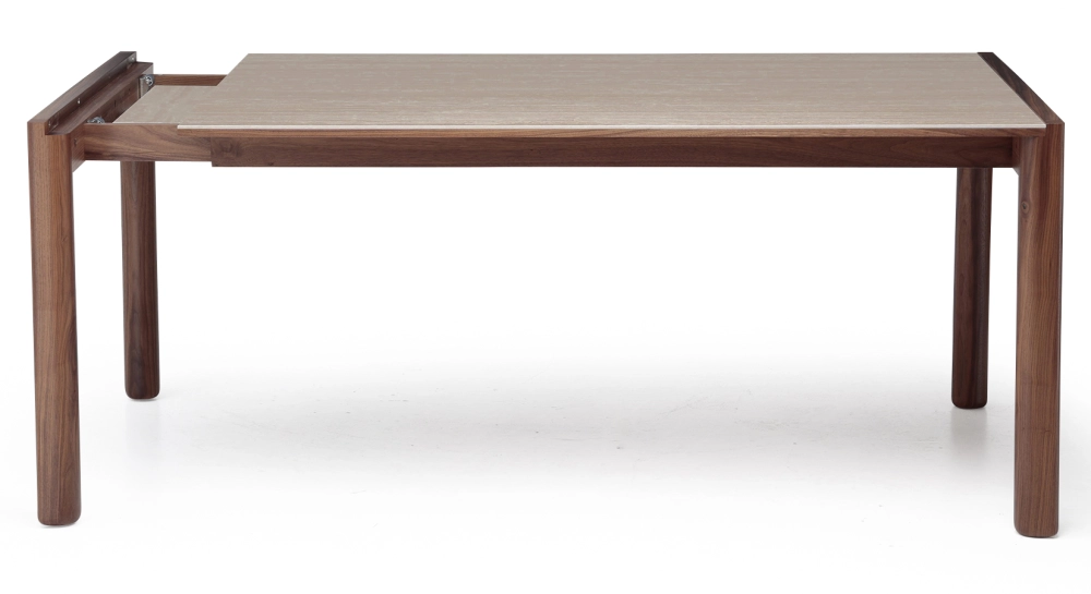 Extending table for 8 to 12 people in walnut and ceramic with ceramic extensions natural wood finish and ceramic travertine stone effect 160x100 cm Extending table for 8 to 12 people in walnut and ceramic with ceramic extensions natural wood finish and ceramic travertine stone effect 160x100 cm