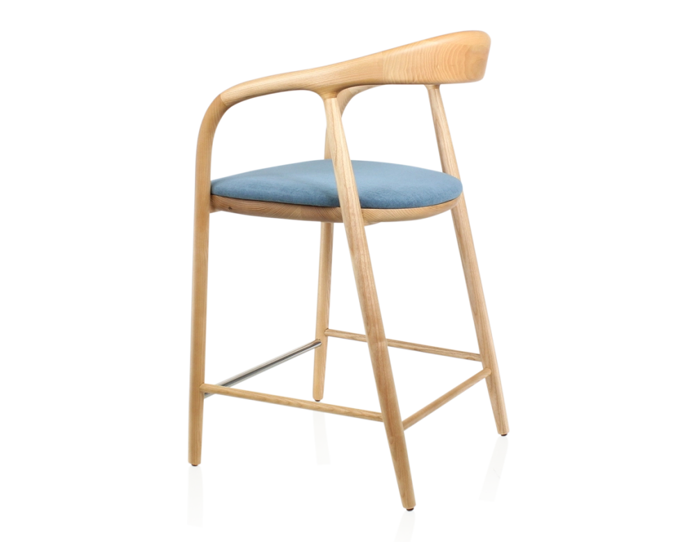 Tabouret de bar H60 cm bois teinte naturelle et tissu bleu jean Tabouret de bar H60 cm bois teinte naturelle et tissu bleu jean