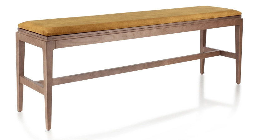 Banc design bois teinte noyer assise tissu velours bronze L120 cm Banc design bois teinte noyer assise tissu velours bronze L120 cm