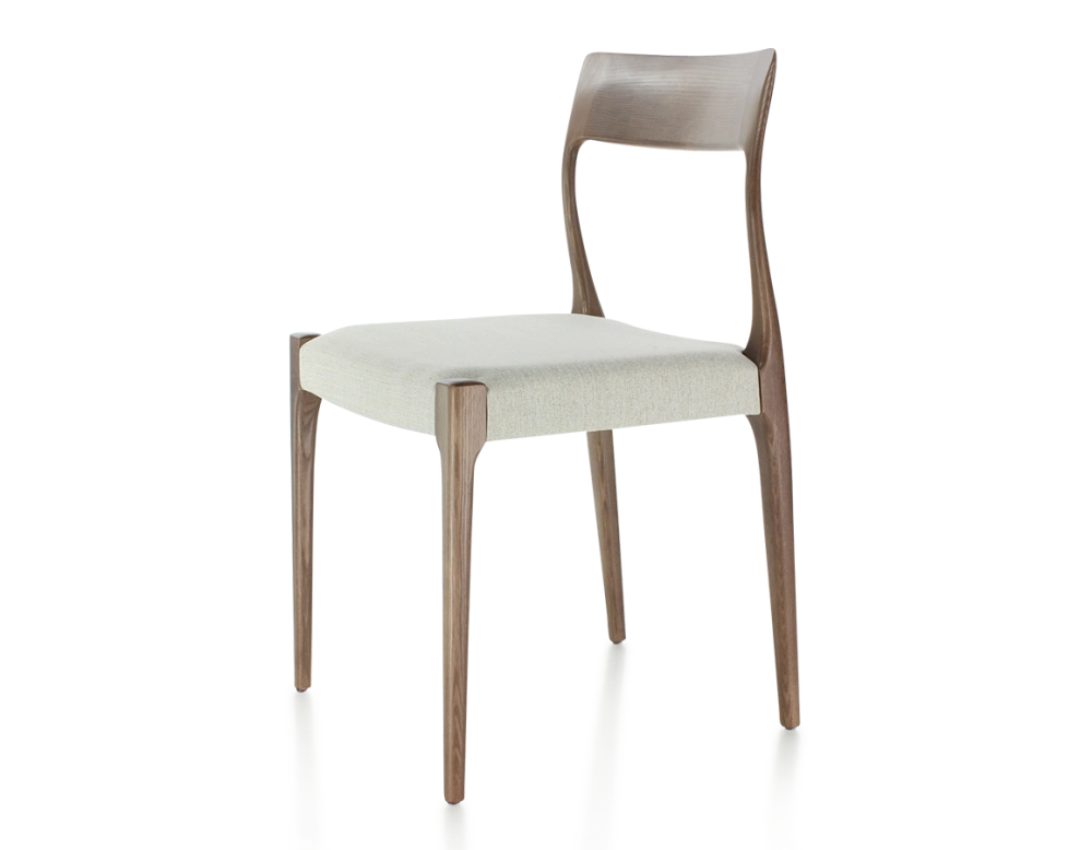 Chaise scandinave bois teinte marron foncé assise tissu beige naturel Chaise scandinave bois teinte marron foncé assise tissu beige naturel