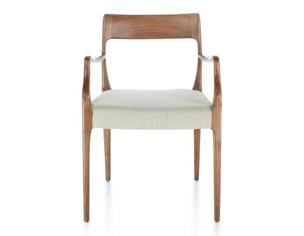 Scandinavian armchair with armrests wood stained walnut seat natural beige fabric Scandinavian armchair with armrests wood stained walnut seat natural beige fabric