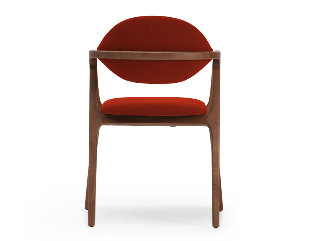 Chaise design avec accoudoirs bois teinte marron foncé et tissu orange brulé Chaise design avec accoudoirs bois teinte marron foncé et tissu orange brulé