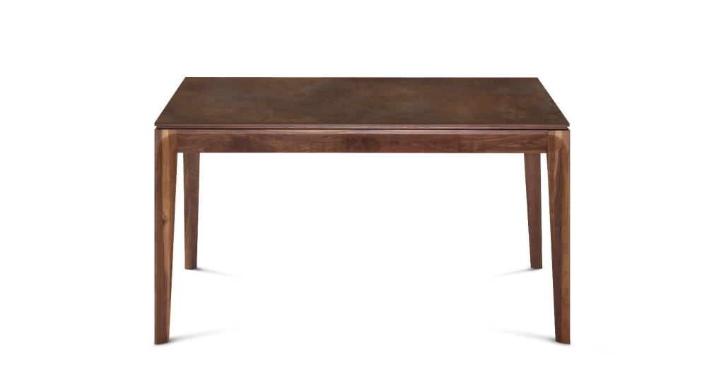 Table extensible 8 à 12 personnes en noyer et céramique allonges céramique avec bois teinte naturelle et plateau et allonges céramique brun oxydé 180x100 cm