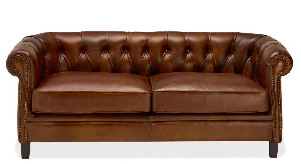Canapé Chesterfield cuir 2 places marron vintage accoudoirs cloutés Canapé Chesterfield cuir 2 places marron vintage accoudoirs cloutés