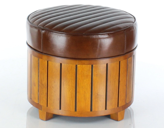 Pouf rond bois et cuir marron vintage