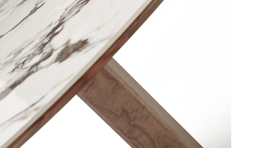 Table salle à manger ronde en noyer et céramique 6 personnes avec bois teinte naturelle et plateau céramique effet marbre blanc 120x120