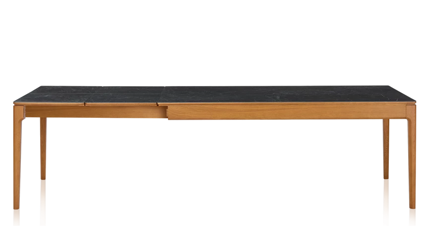 Table extensible en chêne et céramique allonges céramique avec bois teinte merisier et plateau et allonges céramique effet ardoise 140x90 cm