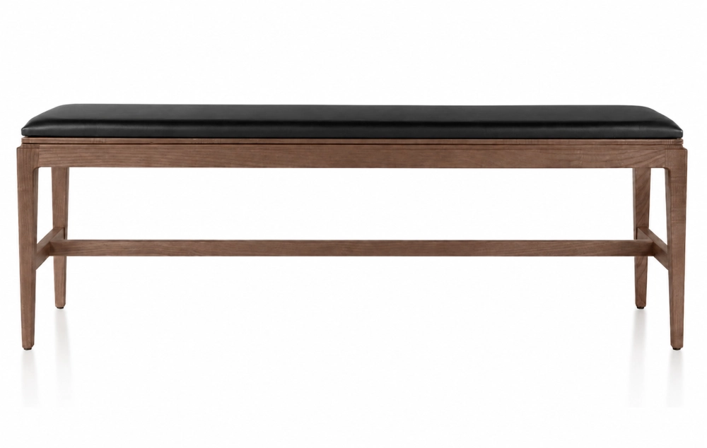 Bench design wood and fabric or leather bois teinte foncée assise cuir noir L120 cm
