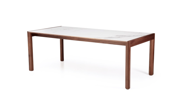 Extending table for 8 to 14 people in walnut and ceramic with ceramic extensions natural wood finish and white marble-effect ceramic m1 210x100 cm