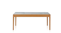 Table extensible 8 à 12 personnes en chêne et céramique allonges céramique avec bois teinte merisier et plateau et allonges céramique effet marbre blanc 160x100 cm