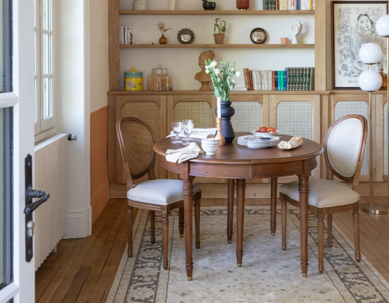 Antique Louis XVI style chair wood stained in antique style and beige chevron fabric