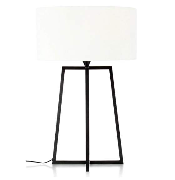 Black living room lamp with crossed legs and ivory lampshade