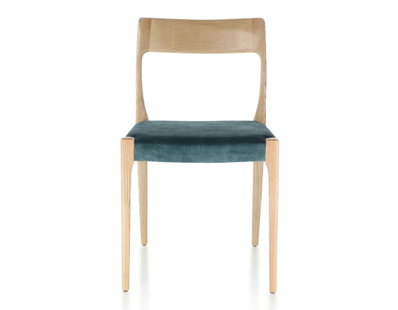 Chaise scandinave bois teinte naturelle assise tissu velours bleu pétrole