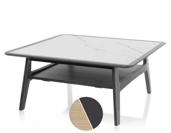 Square coffee table in oak and ceramic with natural tint wood, plain black ceramic top 100x100 cm
