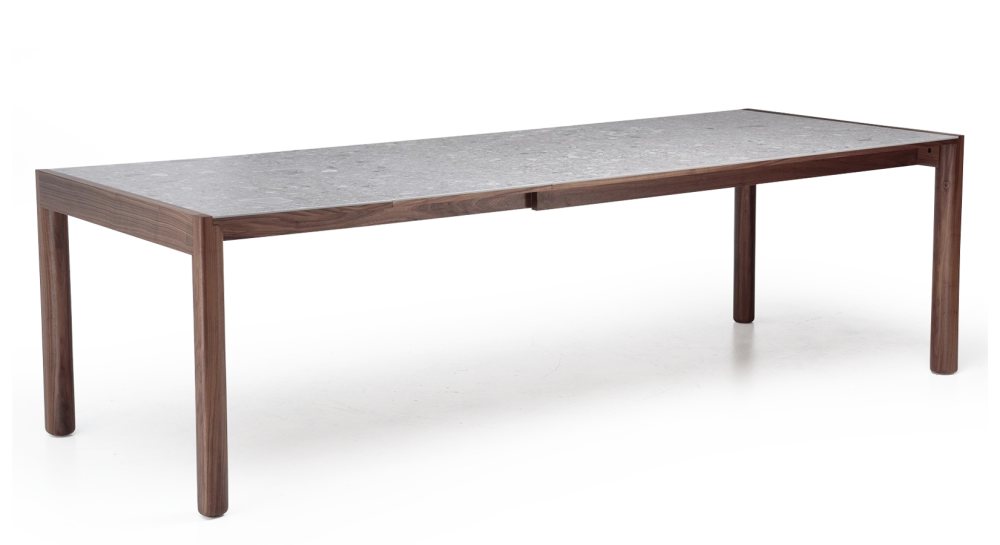 Table extensible 8 à 12 personnes en noyer et céramique allonges céramique bois teinte naturelle et céramique effet terrazzo gris 160x100 cm Table extensible 8 à 12 personnes en noyer et céramique allonges céramique bois teinte naturelle et céramique effet terrazzo gris 160x100 cm
