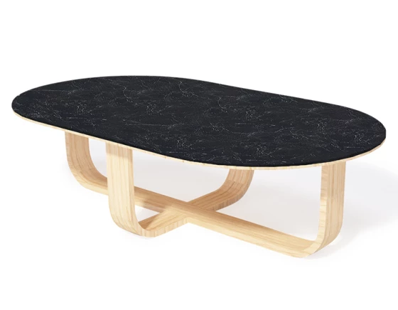 Table basse ovale en chêne et céramique avec bois teinte naturelle plateau céramique effet ardoise 140x80 cm