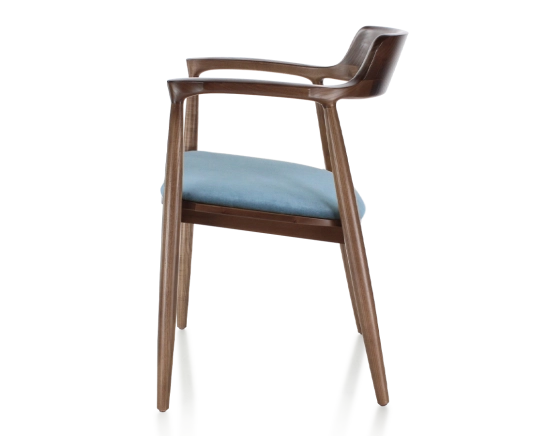 Scandinavian chair dark brown stained wood and denim fabric