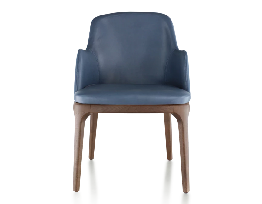 Chaise design avec accoudoirs bois teinte marron foncé et cuir bleu orage
