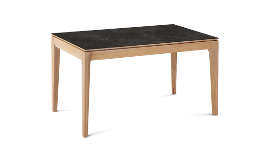 Extendable table for 8 to 12 people in oak and ceramic with wooden extensions with natural wood stain and slate effect ceramic top 160x100 cm