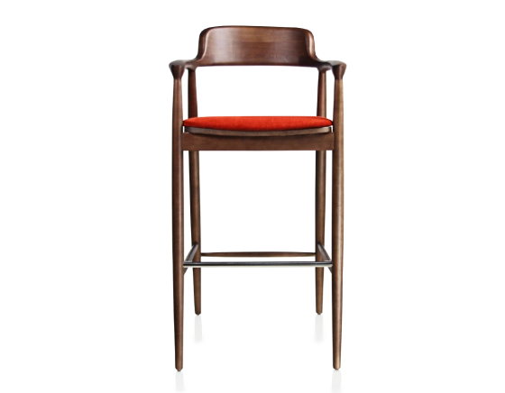 Tabouret de bar h80 cm bois teinte marron foncé assise tissu orange brulé
