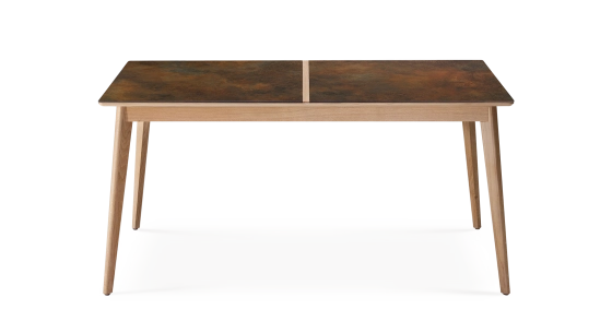 Table salle à manger en chêne et céramique 8 personnes avec bois teinte naturelle et plateau céramique brun oxydé 180x90 cm
