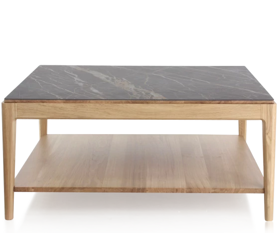 Table basse carrée en chêne et céramique avec tablette en bois teinte naturelle plateau céramique effet marbre noir 100x100 cm