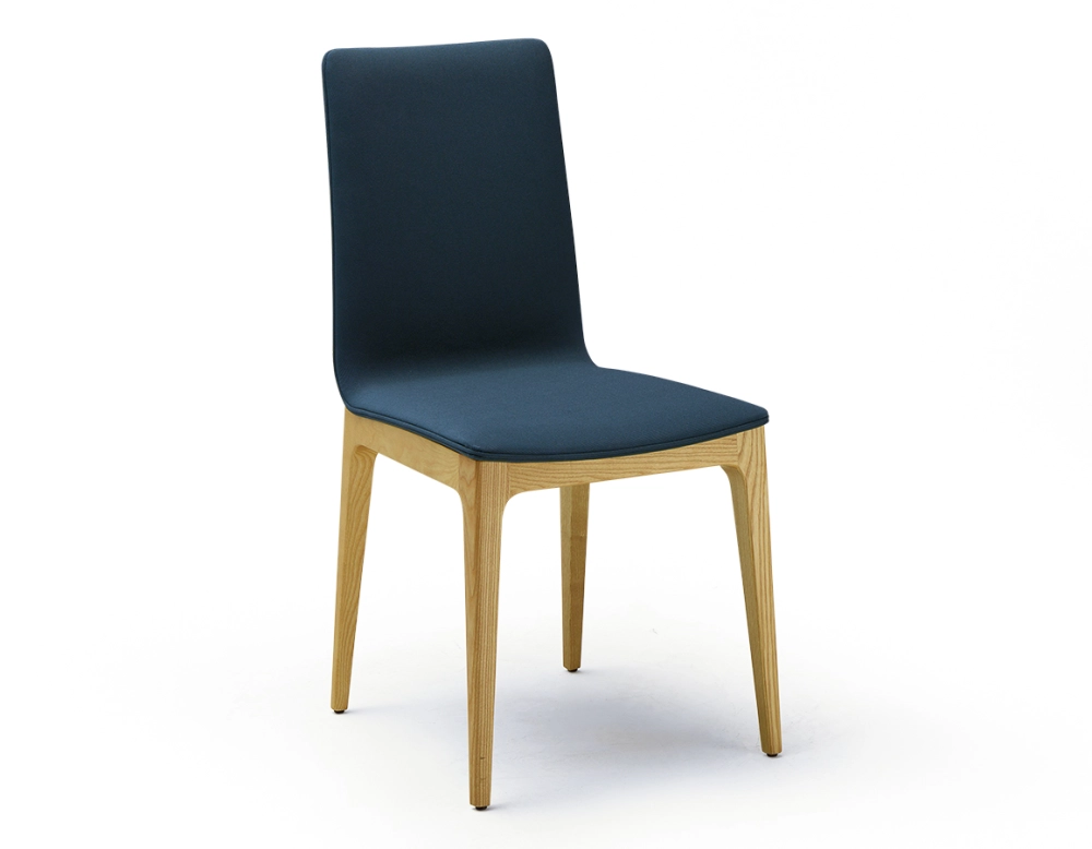 Chaise design bois teinte naturelle assise tissu bleu marine Chaise design bois teinte naturelle assise tissu bleu marine