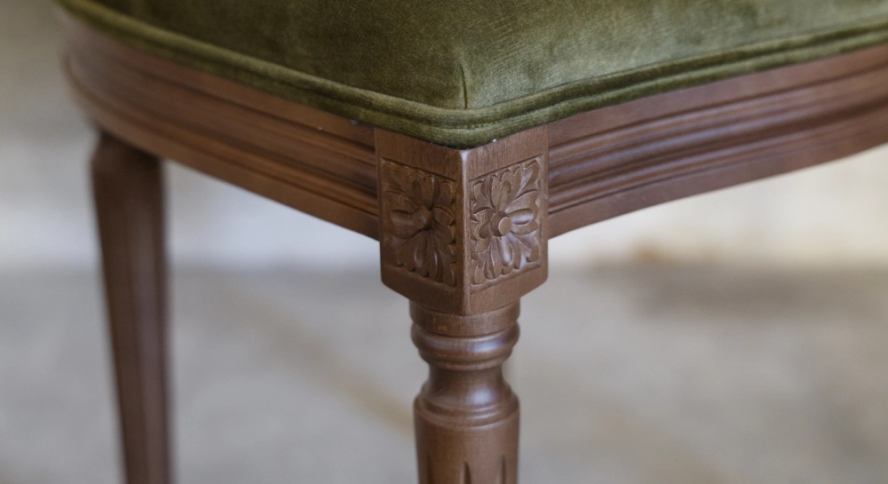 Louis XVI style antique chair wood antique stain and navy blue fabric