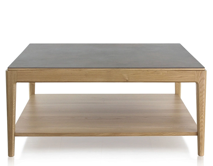 Square coffee table in oak and ceramic with shelf in natural stained wood, oxidised brown ceramic top 100x100 cm Square coffee table in oak and ceramic with shelf in natural stained wood, oxidised brown ceramic top 100x100 cm