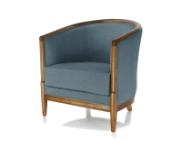 Fauteuil ancien accoudoirs moulurés bois teinte ancienne et tissu bleu océan