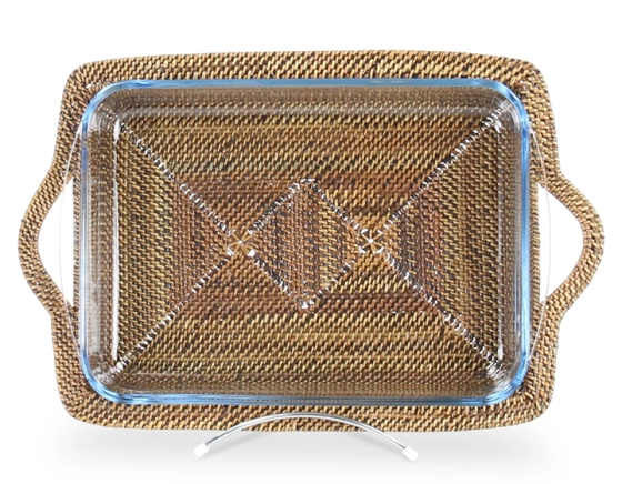 Rectangular pyrex dish with rattan flower stand