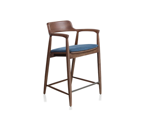 Tabouret de bar h60 cm bois teinte noyer assise tissu bleu jean