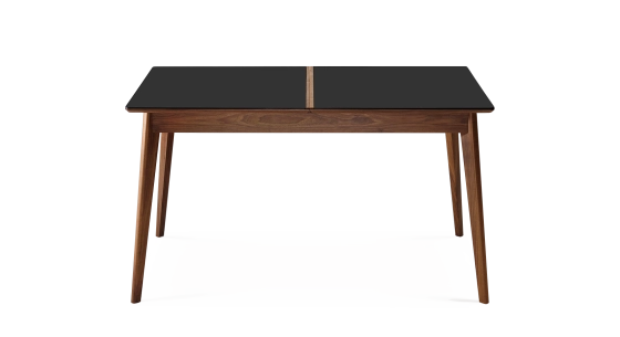 Extending table for 6 to 10 people in walnut and ceramic with wooden extensions with natural stained wood and white marble effect ceramic top 140x90 cm