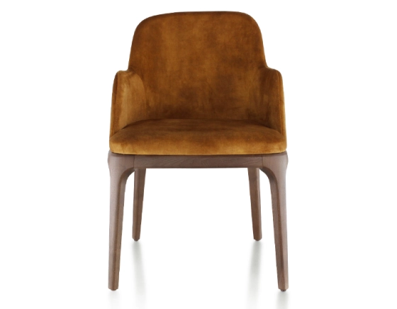 Chaise design avec accoudoirs bois teinte marron foncé et tissu velours bronze