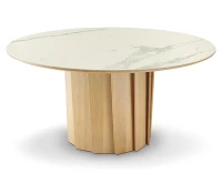 Table salle à manger ronde en chêne et céramique avec bois teinte naturelle et plateau céramique effet marbre blanc 120 cm