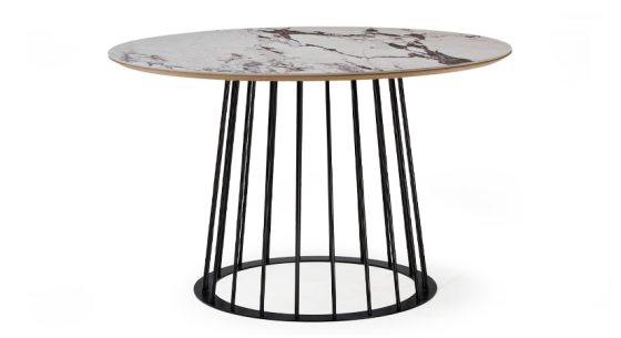 Table salle à manger ronde en chêne et céramique pied métal noir et plateau céramique effet marbre blanc m3 120x120