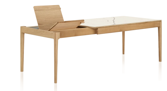 Extendable table for 6 to 10 people in oak and ceramic with wooden extensions with natural stained wood and white marble effect ceramic top 140x90 cm