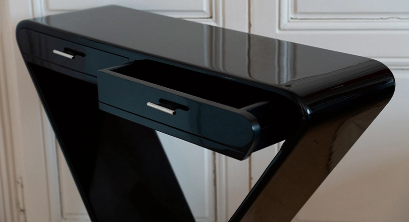 Console art déco double tiroirs bois teinte noire laquée