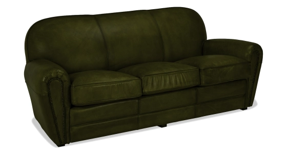 Canapé club cuir 3 places vert olive accoudoirs cloutés