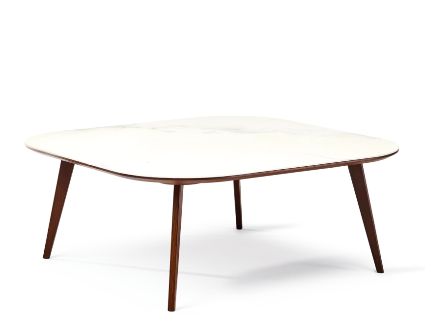 Table basse carré aux angles arrondis F2 plateau céramique bois teinte marron foncé plateau céramique effet marbre blanc M1 60x60x30 cm