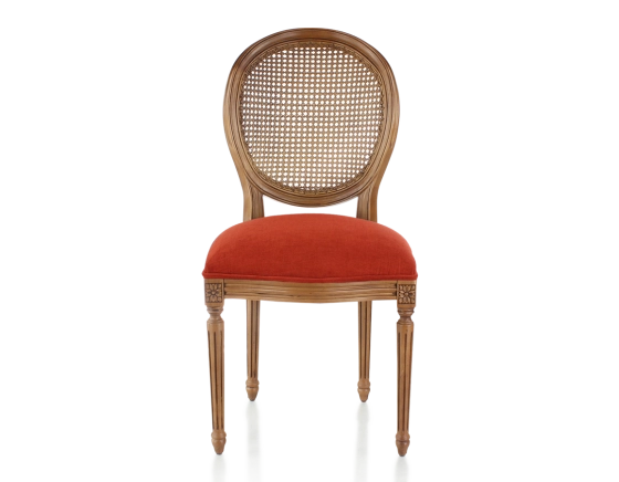 Antique Louis XVI style chair wood stained old caned back burnt orange fabric seat