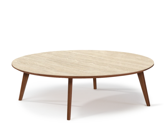 Round walnut and ceramic F1 coffee table natural wood finish with ceramic top in travertine stone effect. 100x100x40 cm